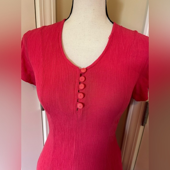 Vintage pink/Red Button-Front lace back cinch waist V-neck short sleeve dress - Picture 3 of 7